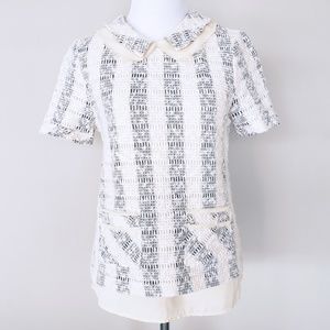 Anthropologie Cream and Black Tweed Short-Sleeve Top with Peter Pan Collar